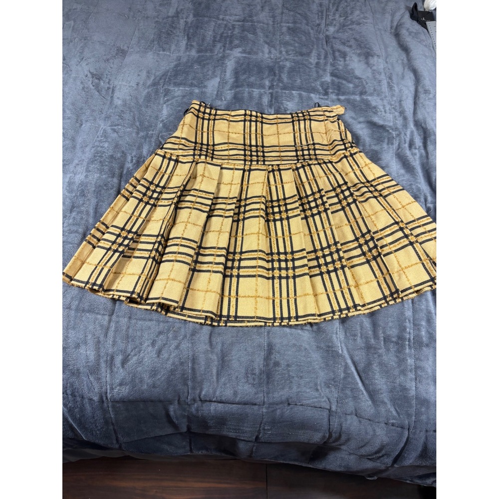 Vintage 90s Yellow Black Plaid Pleated Mini Skirt Drop Waist Schoolgirl Size 14